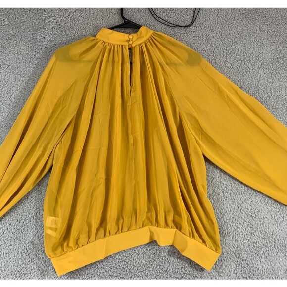 Yellow Pleated Mock Neck Blouse Long Adjustable Ribbon Sleeve Size (M) Medium - Picture 5 of 12